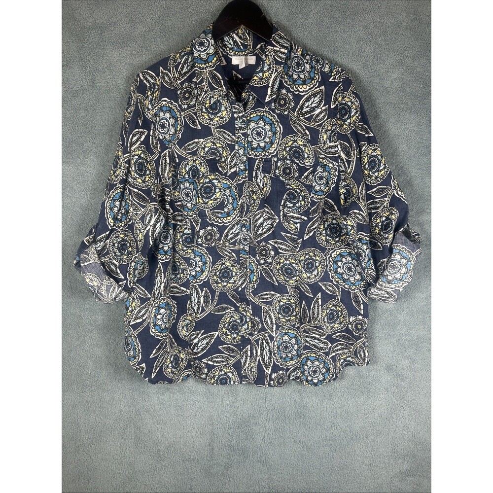 Charter Club Women’s Linen Shirt 18W Blue Button UP‎ Floral Lightweight Casual